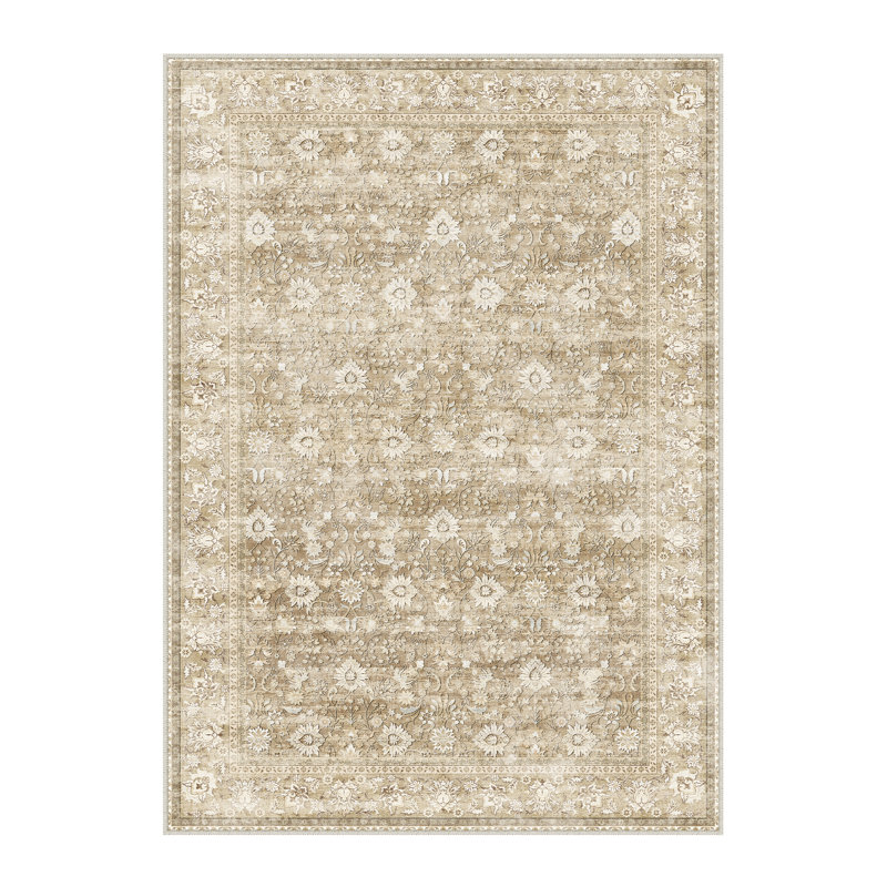 Kitty Machine Washable Oriental Area Rug with Non-Slip Backing, Beige, Rectangle 3' x 5'