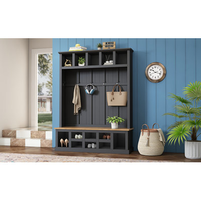 Arbre d'entrée moderne en bois de style campagnard H 78 po avec banc de rangement large, armoire à chaussures d'entrée avec 13 compartiments, portemanteau élégant avec 6 crochets pour le vestibule, salon
