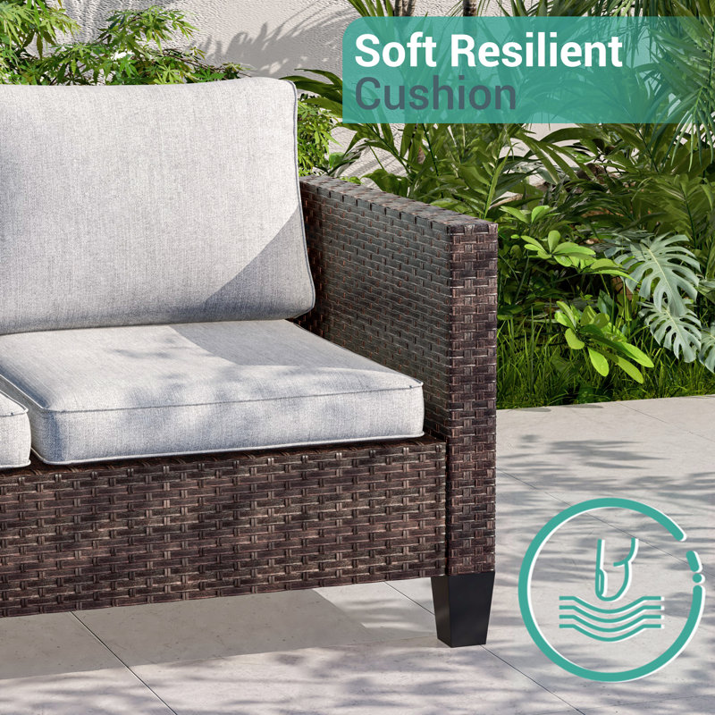 6 Piece Patio Conversation Set, Patio Sofa Set with Ottoman and Rectangular Fire Pit Table, Linen Gray