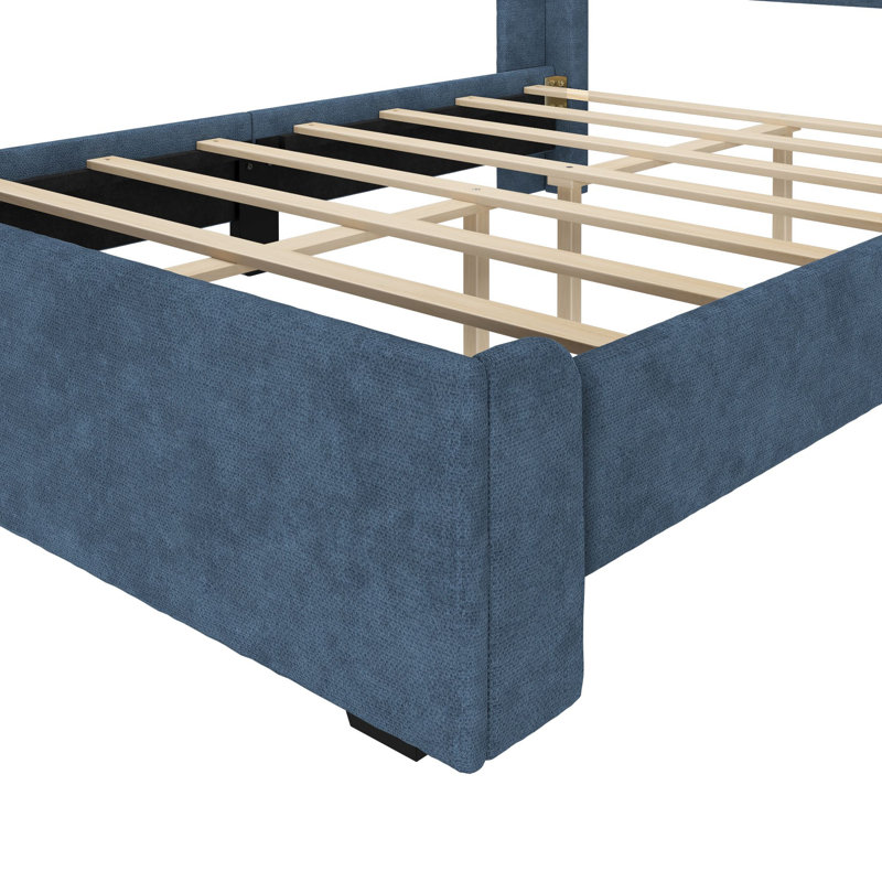 Lit à panneau tapissier en bois massif avec tête de lit rectangulaire, Double, Bleu
