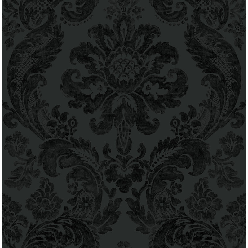 Shadow Black Flocked Damask Wallpaper, Black