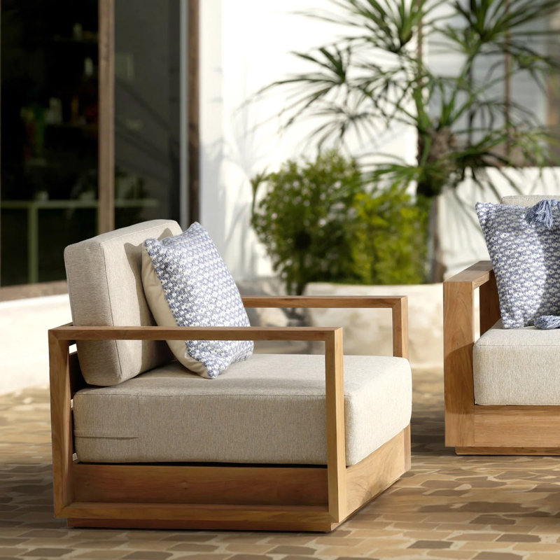Darlene Outdoor Upholstered Teak Wood Accent Chair, Charcoal Olefin