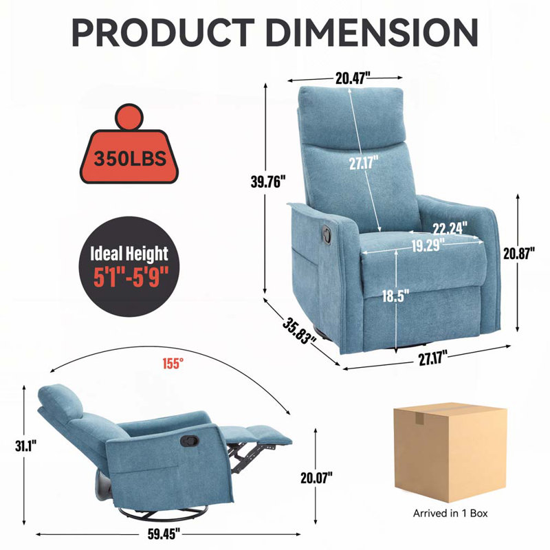 Chenille Swivel Manual Recliners with Heat Massage, Blue