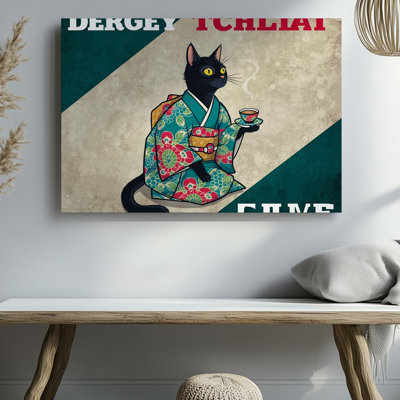 Toile, Illustration fantaisiste d'un chat noir habillé d'un kimono japonais traditionnel orné de motifs floraux éclatants, art mural