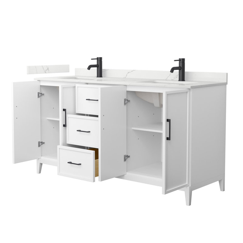 Ensemble de meuble-lavabo double 66 po avec plateau en quartz Elan, Blanc, Noir mat, Simple