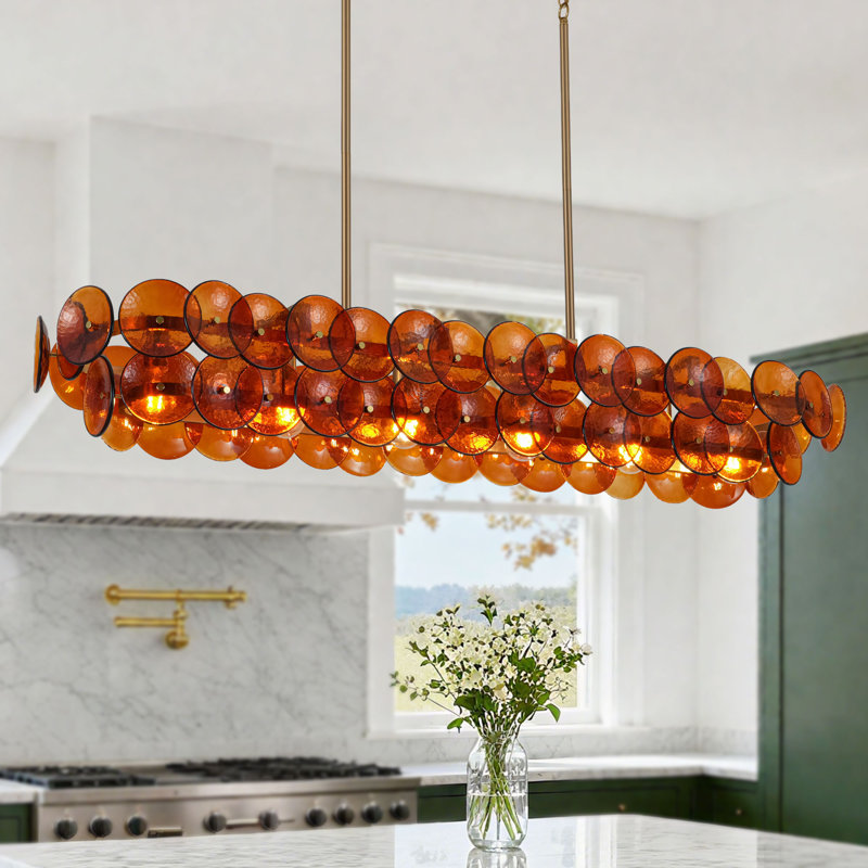 Lustre linéaire en laiton 6 lumières et îlot de cuisine 55 po avec verre ambré martelé Aaron , Amber