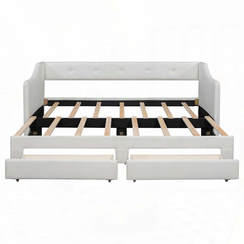 Lit de jour extensible rembourré avec deux tiroirs, Beige
