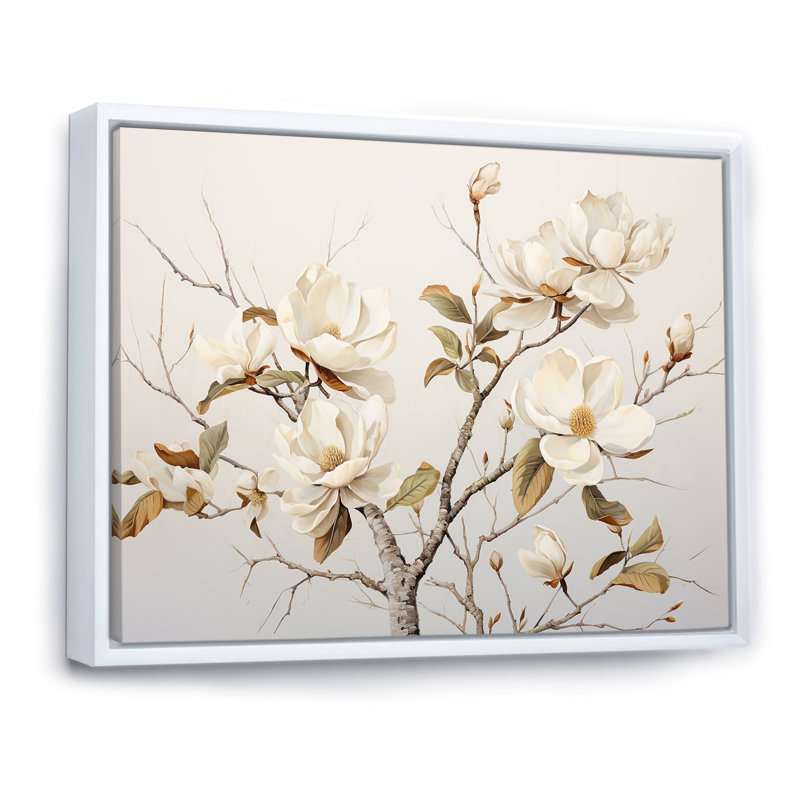 Minimalisme, fleurs de magnolia blanches sur toile, Cadre flottant blanc, H 30 po x l 40 po x P 1,5 po