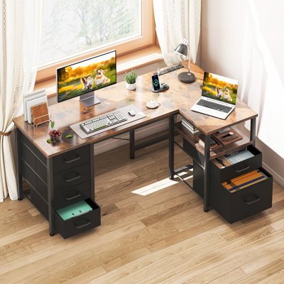 Bureau en L avec 5 tiroirs sous le bureau, bureau réversible avec grande armoire, bureau d'écriture avec prises de courant