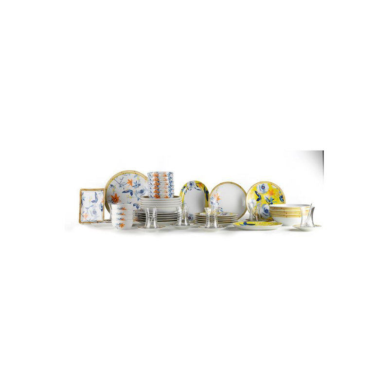 L'ensemble de vaisselle Elegant comprend 6 assiettes de service (10,6 po), 6 assiettes profondes (8,3 po), 6 assiettes à gâteau (8,3 po), 6 bols (5,1 po), 6 tasses à thé en verre, 6 assiettes à soucoupe, 6 cuillères à café, 4 Bols à sauce (3,9 po), parfaits pour les réunions de famille et les occasions spéciales