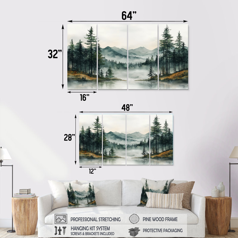«Green Pine Trees Mist Morning I», ensemble de reproduction d'art sur pin, H 28 po x l 48 po