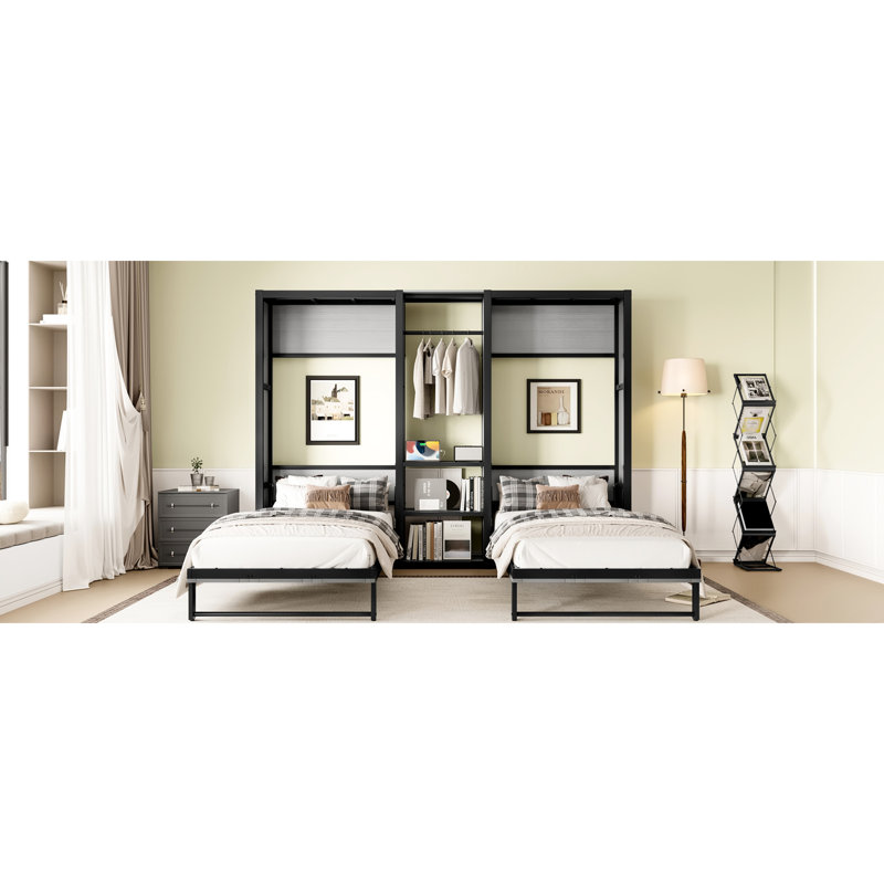 Lit simple gris pliable, lit en métal avec garde-robe intégré, tablettes ouvertes et prises de courant, conception 2 en 1 pour les espaces de vie de petite taille