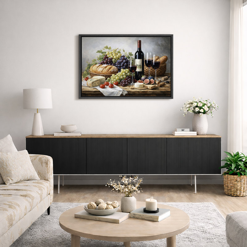 Vin et fromage, art de salle à manger élégant, impression sur toile encadrée, H 24 po x l 36 po x P 1,5 po, Cadre noir