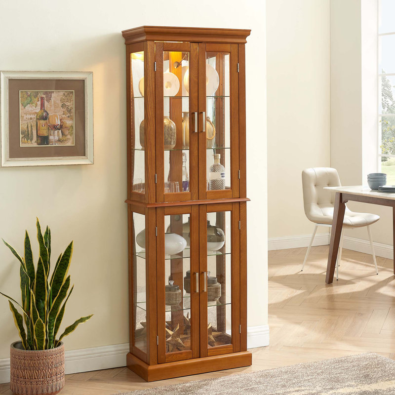 Curio Cabinet Lighted Curio Diapaly Cabinet with Adjustable Shelves and Mirrored Back Panel