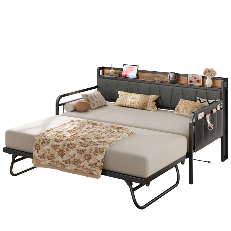 Twin Daybed with Trundle and Storage Upholstered Headboard with Charging Station, Strong Supports for Bedroom, Living Room and Guest Room