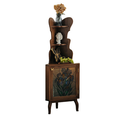 57.09"H Black Walnut Solid Wood Corner Cabinet, WOOIN Butterfly Corner Cabinet, Vintage Painted Wall Corner Storage Cabinet for Living Room