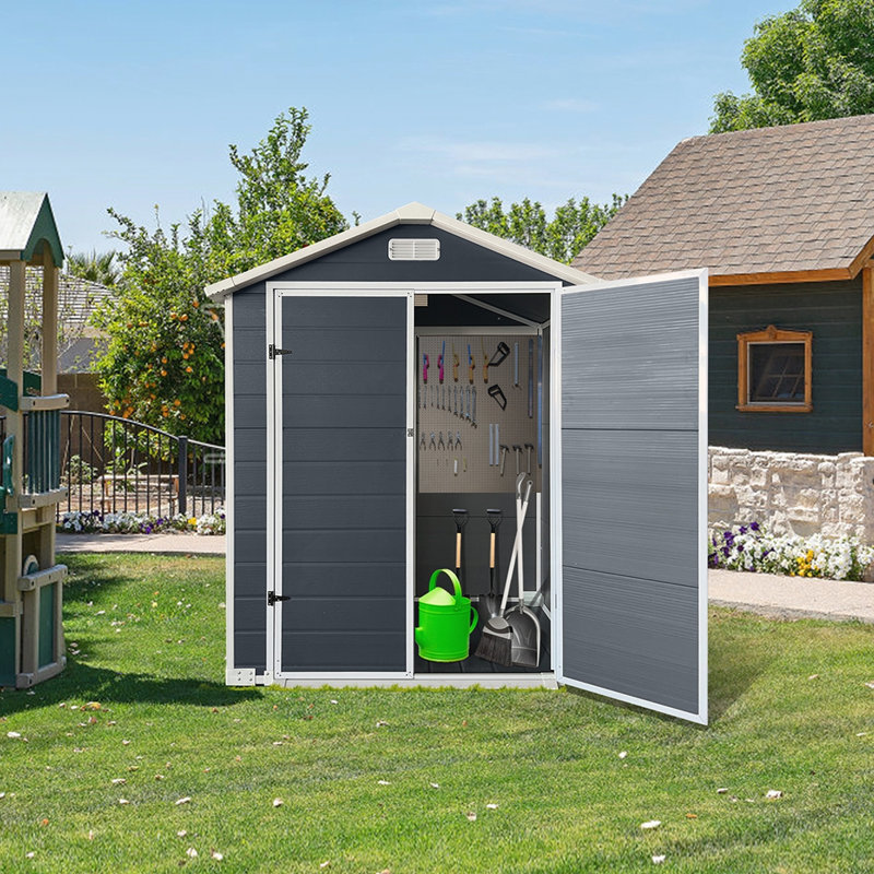 Plastic Outdoor Storage Shed with Floor, Lockable Door, and Vents for Backyard and Lawn Organization, Dark Gray