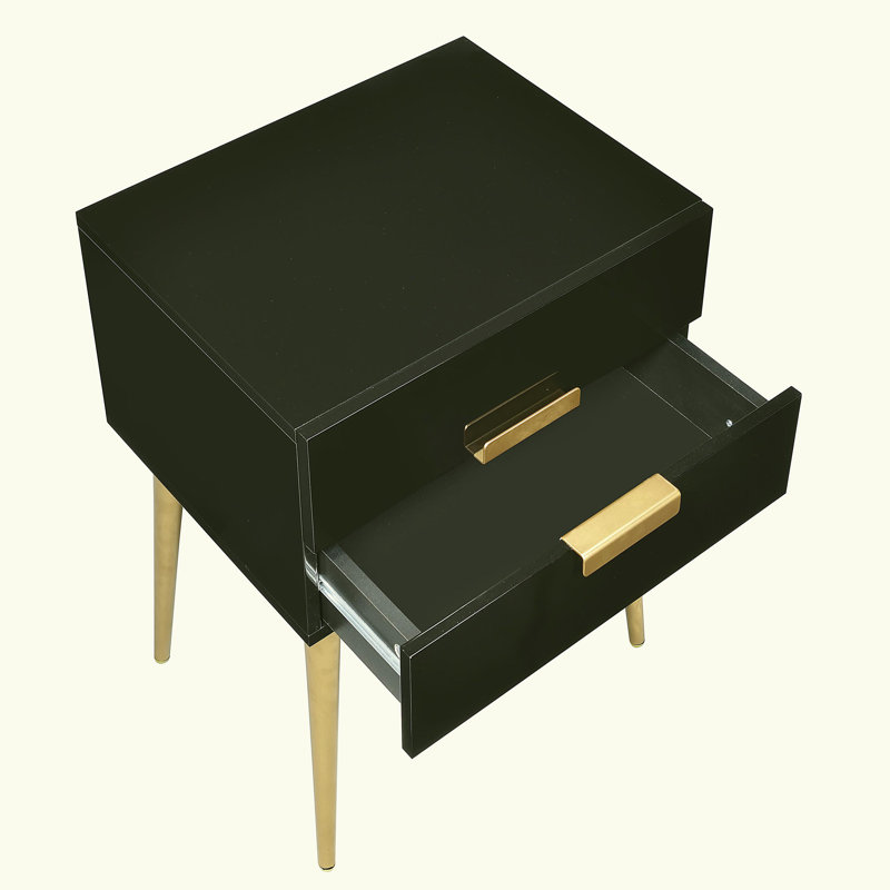 Gold Side Table With 2 Drawer, Light Yellow