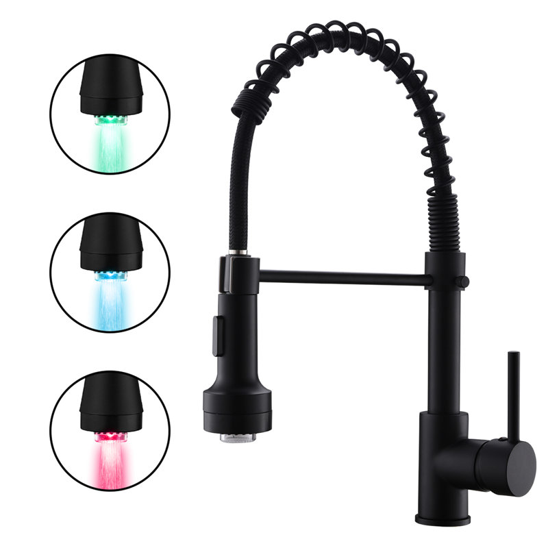 Robinet de cuisine professionnel à DEL avec douchette extractible, noir, monocommande, fonctionnalités avancées, douchette extractible et DEL, poignée, jet d'eau doux