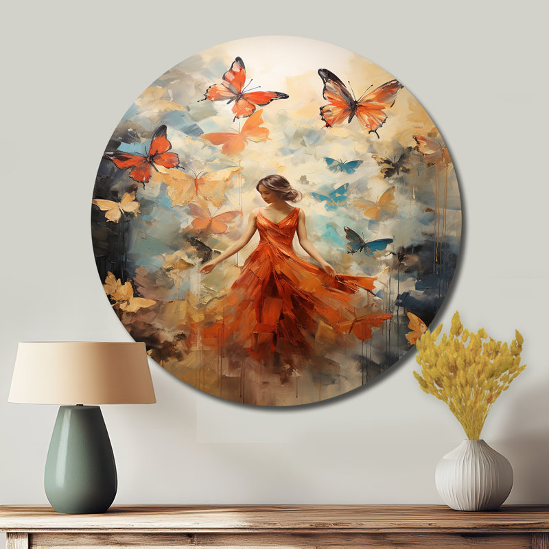 Danse papillon et femme - animaux, art en métal rond, H 36 po x l 36 po