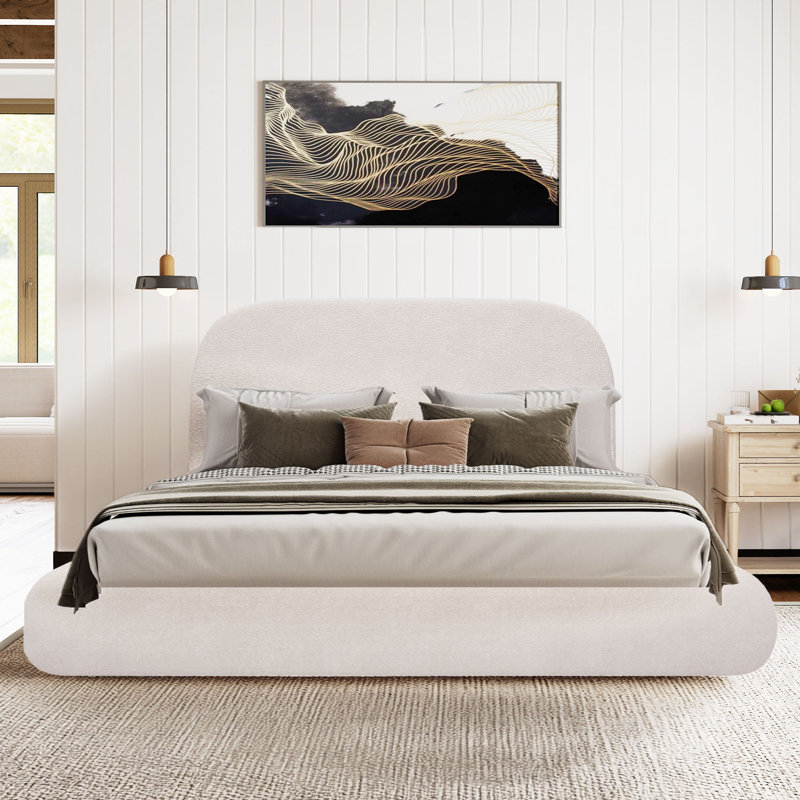 Structure de lit tapissier en velours avec tête de lit, sommier tapissier requis, Crème, King