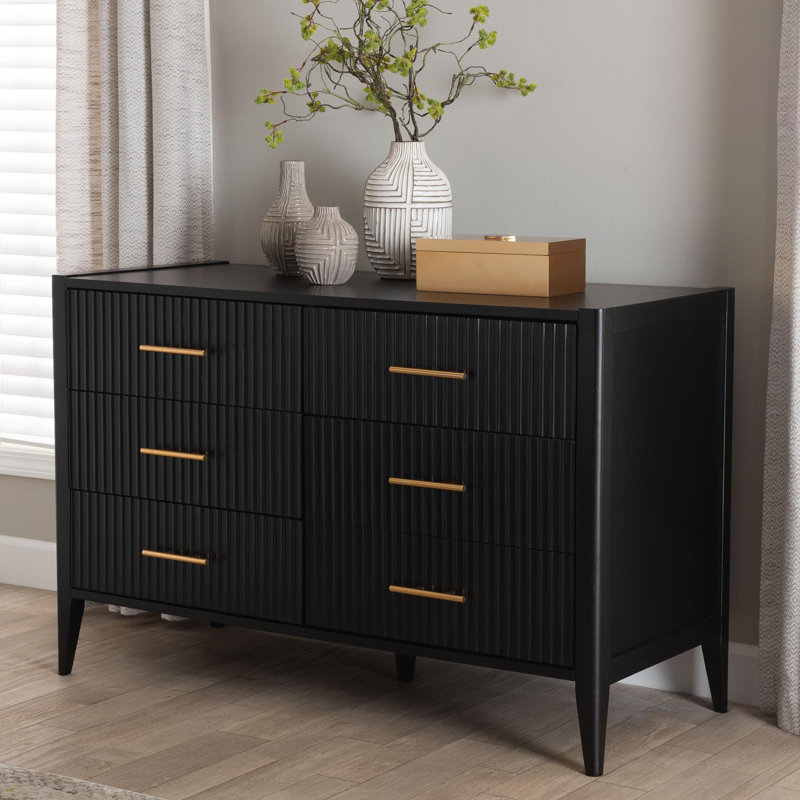 Wooley Mid-Century Fluted Wood 6-Drawer Dresser, Black