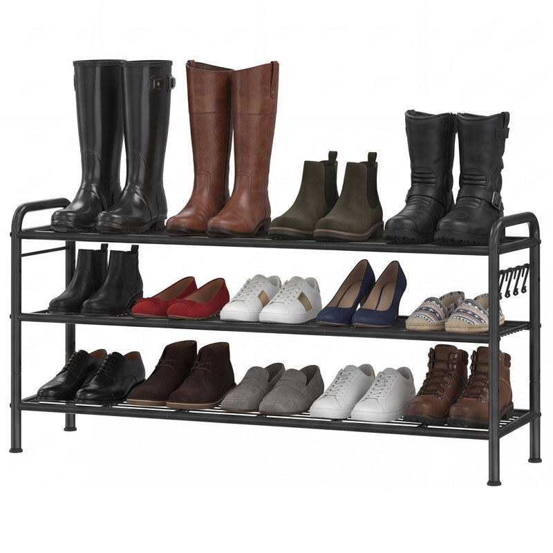3-Tier Heavy-Duty Metal Shoe Rack, Black, Multi-Layer High-Capacity Shoe Organizer, 44.88 × 11.02 × 20.87 Inches