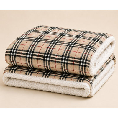 Beige Plaid Sherpa Throw Blanket 50 x 60 Inches, Reversible Soft Fleece and Plush Sherpa Blanket