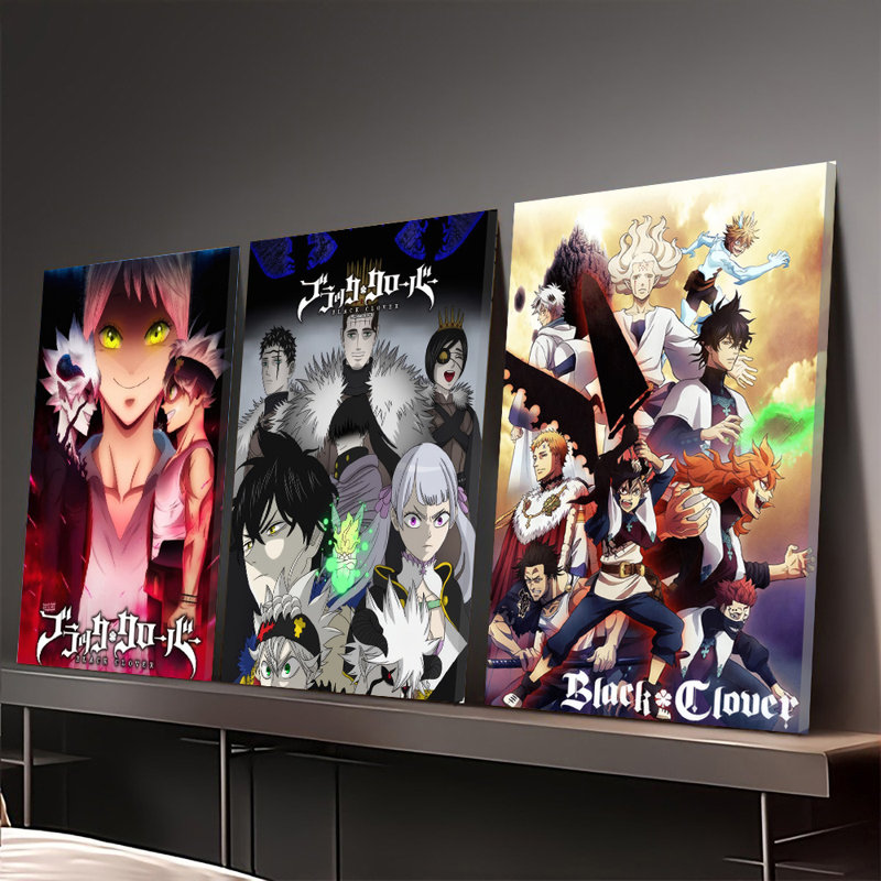 Ensemble de 3 affiches encadrés, décoration murale sur toile Black Clover (anime) avec Asta, Yuno et les chevaliers magiques. Impression de haute qualité pour chambre, salon et décoration intérieure. Cadeau idéal pour les amateurs d'anime et de manga.