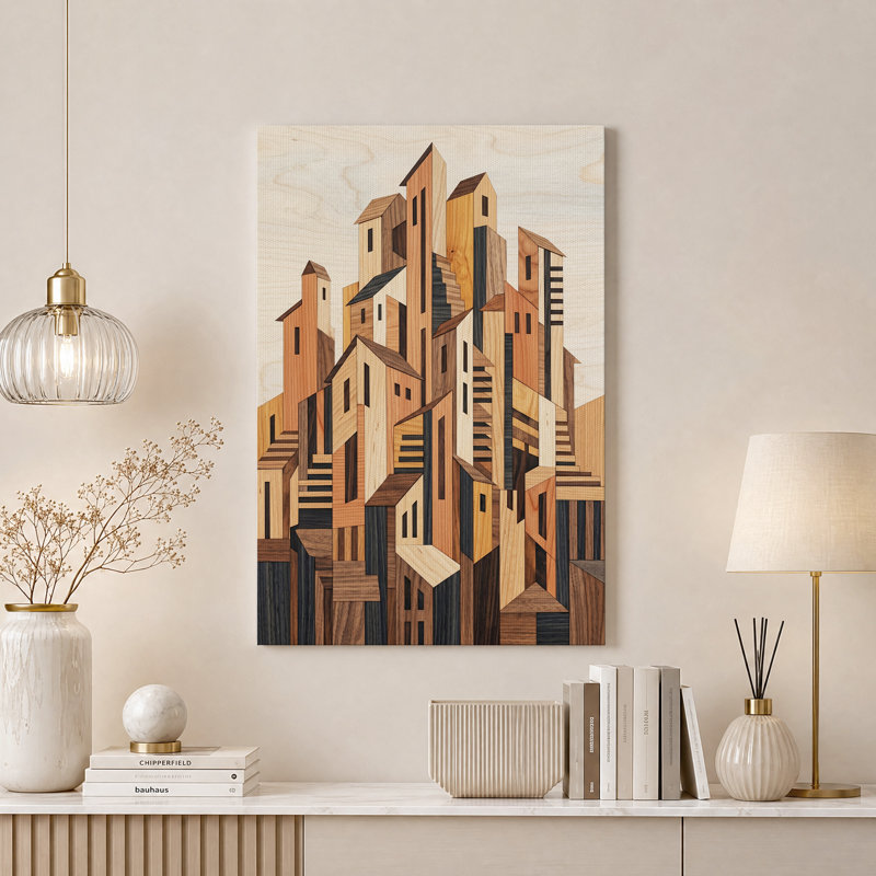 Tableau sur toile représentant des bâtiments géométriques en bois aux tons naturels, 40"H x 28"W