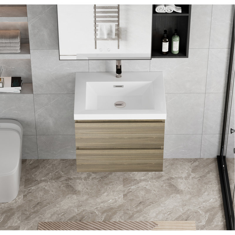 Meuble-lavabo flottant avec lavabo, meuble-lavabo mural moderne avec lavabo en résine et tiroirs à fermeture en douceur, Gris