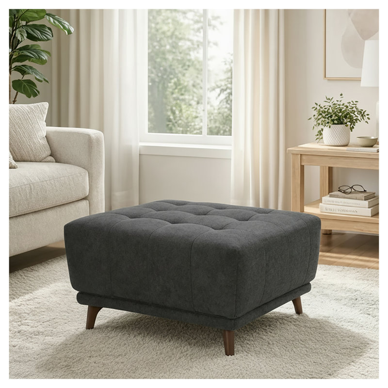 Repose-pieds carré Mid-Century moderne en chenille gris anthracite avec pieds en bois massif