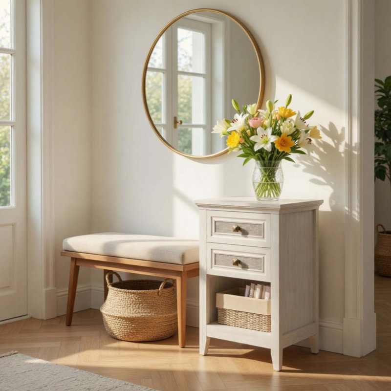 Table de chevet en rotin - table de chevet Boho avec 2 tiroirs et tablette
