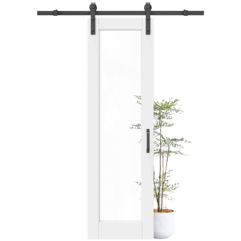 Modern White Primed And 1-Lite Clear Glass Sliding Barn Door With Installation Hardware Kit(No Assembly Required), 28" x 80"