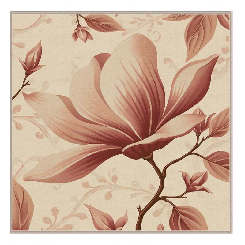 Machine Washable Ortmund Magnolia Classic Floral Rug in Beige – Beige Binding, 7' Square