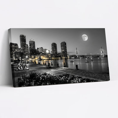 «Cityscape Moonlight», reproduction d'art sur toile tendue sur toile en noir et blanc, ensemble de 1
