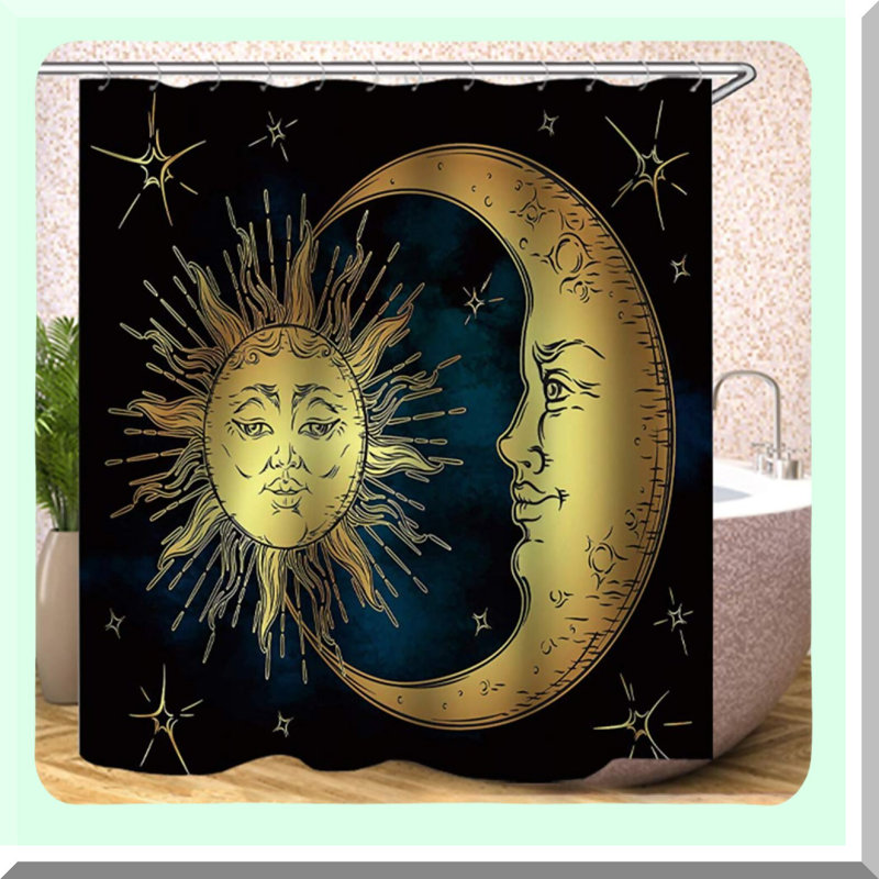 Celestial Harmony Shower Curtain - Boho Chic Sun, Moon & Stars Design, Antique Style Polyester Fabric, Includes Hooks