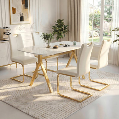51.2" Marble Dining Table Set for 4, Rectangular Marble-Patterned Tempered Glass Table with PU Leather Upholstered Chairs, for Kitchen & Dining and Living Room