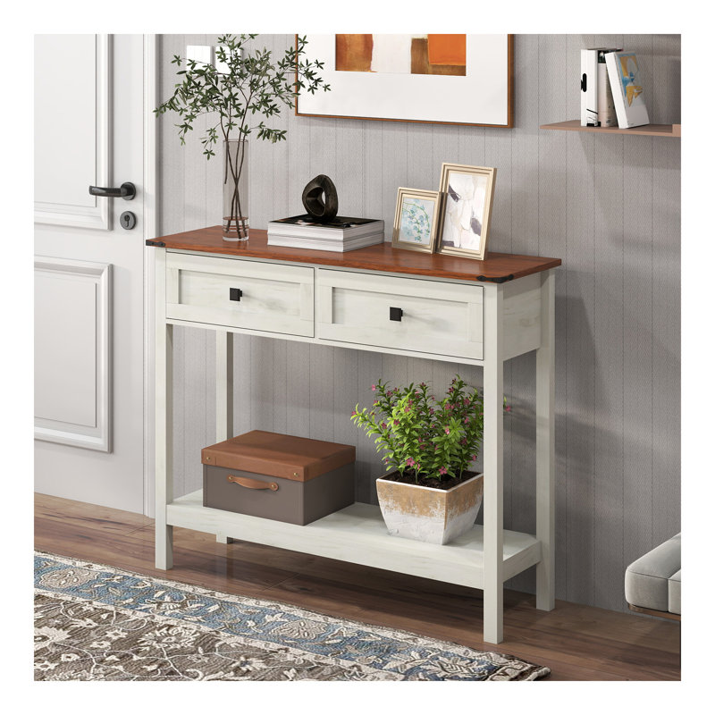 Console de style campagnard avec 2 tiroirs et tablette de rangement inférieure pour le vestibule, table d'appoint rustique avec tiroir de rangement et tablette pour le salon, couloir (blanc antique)
