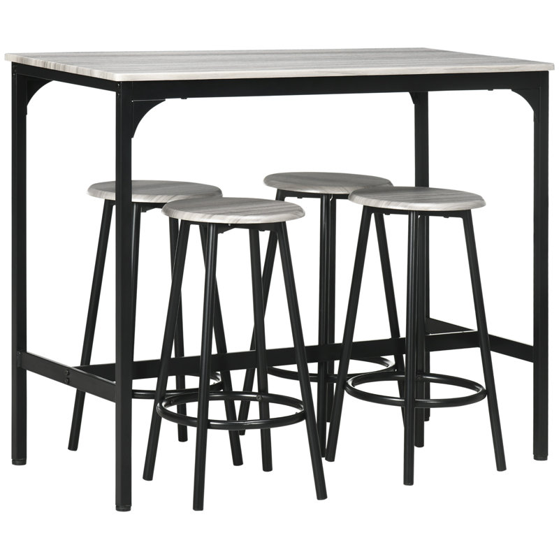 HOMCOM Breakfast 5 Piece Bar Table Set for 4 with Stools, Grey/Black