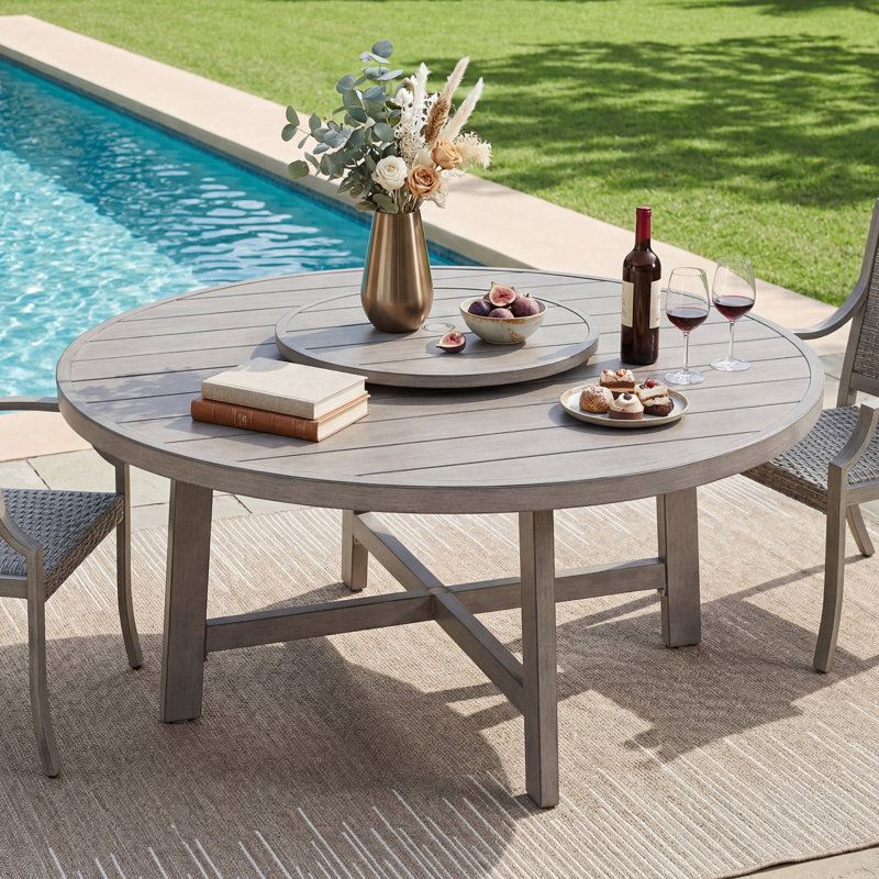Patio 61.45" Round Dining Table With Lazy Suan And Umbrella Hole, Gray