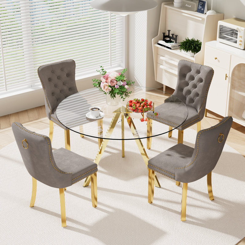 5-Piece Pedestal Gold Dining Set, Gray, 30" H x 47" W x 47" D