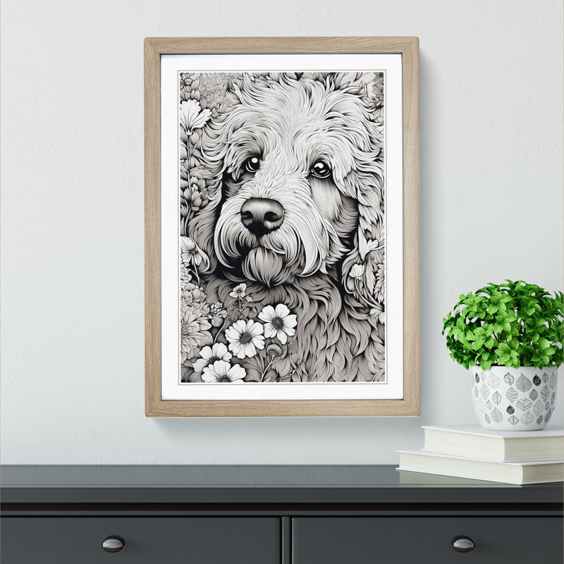 Labradoodle Line Art - Framed Print, 46cm H x 34cm W x 2cm D, Oak Framed