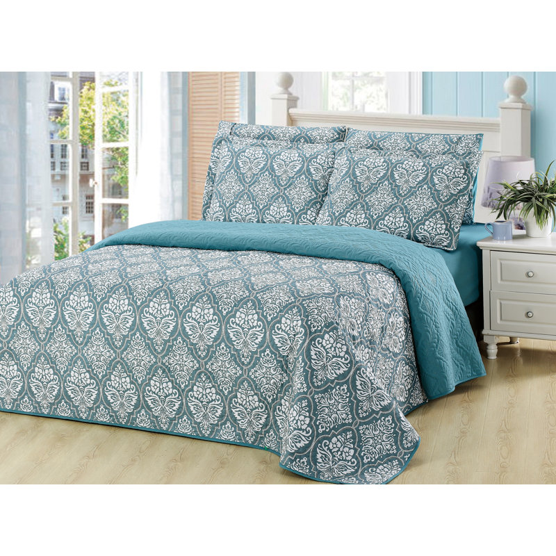 Ensemble de literie 6 pièces Pinsonic - Très grand bleu sarcelle tropical, Couvre-lit pour grand lit + 5 pièces supplémenta