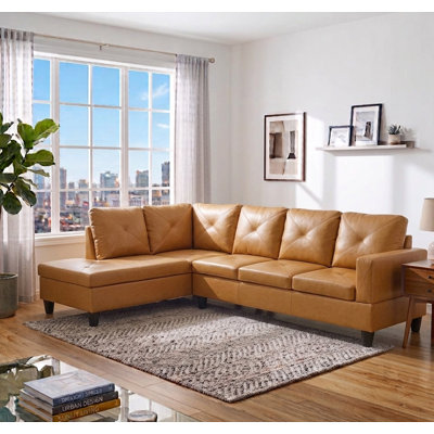 Cognac Brown Modern Faux Leather 2-Piece Sectional Sofa with Chaise Lounge for Living Room, Camel Tan