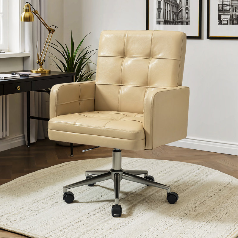 Auric Mid-Century Modern 23" W Leather Height-Adjustable Swivel Office Chair with Button Design, Beige
