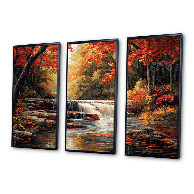 «Orange Autumn Mountain Waterfall Long View III - Waterfall», ensemble de reproduction d'art mural