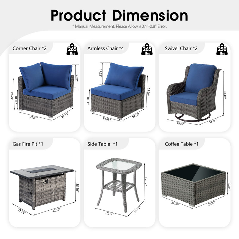 8 - Person Modular Patio Conversation Set with Cushions, Navy Blue
