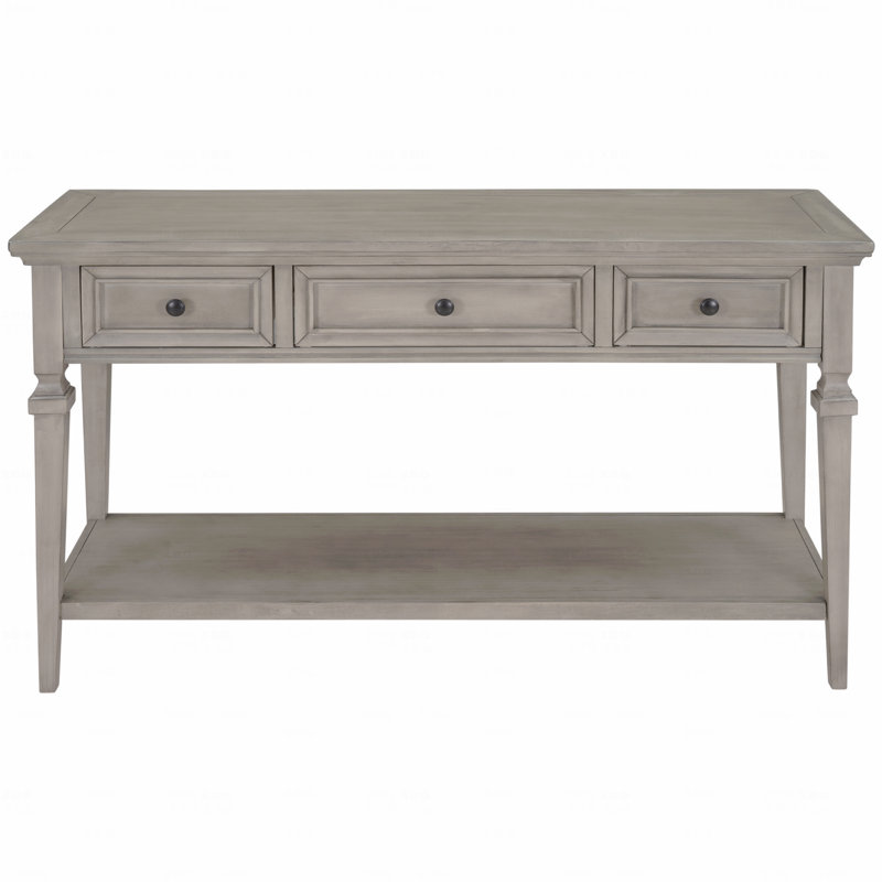 Console de style rétro classique avec trois tiroirs supérieurs et une tablette inférieure ouverte, Gris