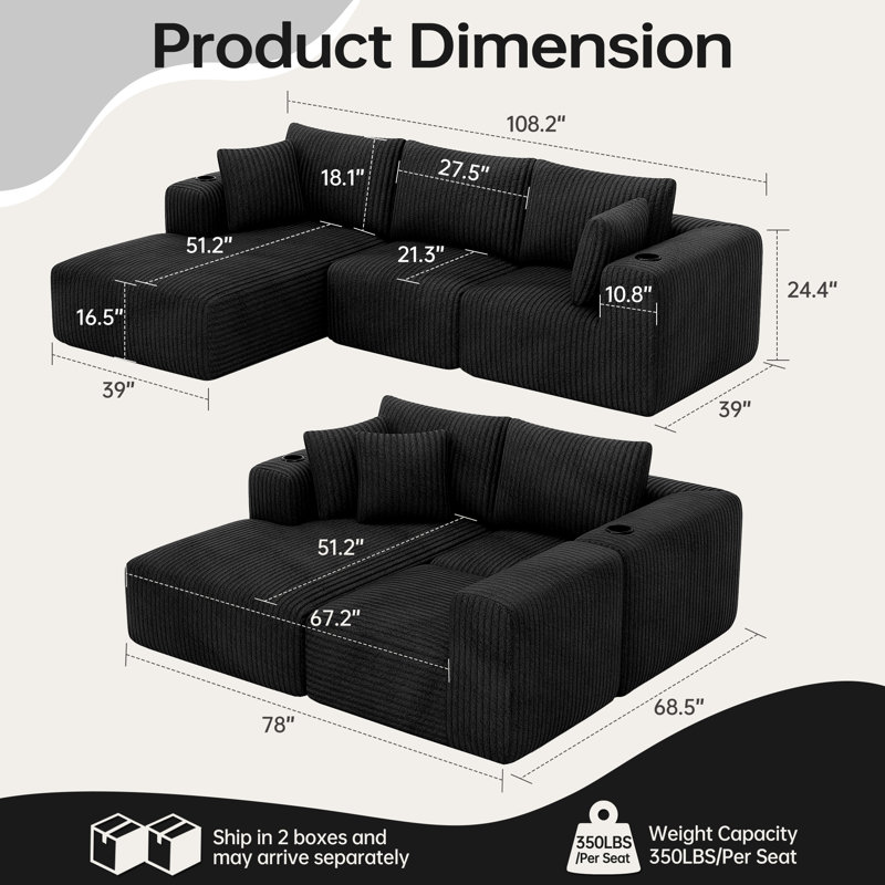 3 Seater Velvet Sofa & Chaise, Left Hand Facing